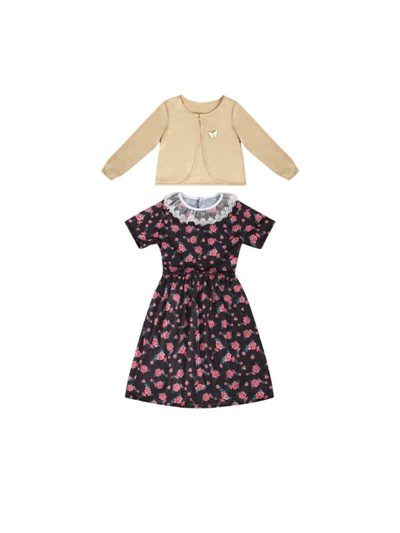 Girls 100 Days of School Old Lady Granny Costume Short Sleeve Floral Dress and Long Sleeve Shawl 2 Piece Set