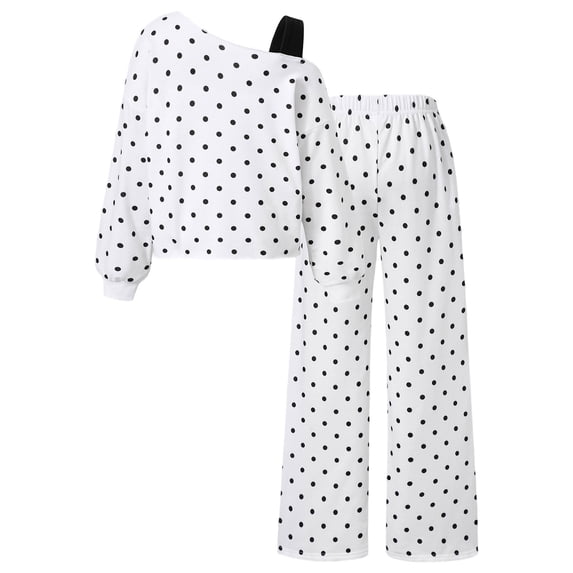 CPNG Girls 2 Piece Casual Outfit Set Off Shoulder Long Sleeve Polka Dot Sweatshirt Wide Leg Pants Fashion Streetwear for Daily Outdoor Activities