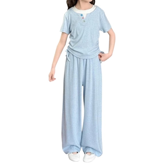 CPNG Girls 2 Piece Outfit Ruched Drawstring Short Sleeve Crewneck T-shirt Top and Straight Wide Leg Casual Pants Set(Blue,11-12 Years)
