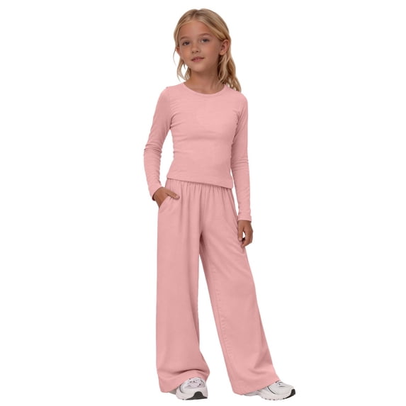 CPNG Girls 2 Piece Outfit Set Solid Color Long Sleeve Slim Top and Matching Wide Leg Lightweight Casual Sweatsuit Set