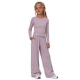 thumbnail image 1 of CPNG Girls 2 Piece Outfit Set Solid Color Long Sleeve Slim Top and Matching Wide Leg Lightweight Casual Sweatsuit Set, 1 of 9