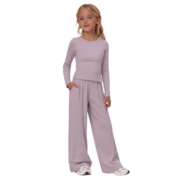 CPNG Girls 2 Piece Outfit Set Solid Color Long Sleeve Slim Top and Matching Wide Leg Lightweight Casual Sweatsuit Set
