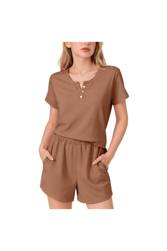 Girls 2 Piece Short Set Kids Summer Outfit Soft Solid Color Short Sleeve Button Down T-shirt Elastic Waist Shorts Sweatsuit Set(Brick Red,2-3 Years)
