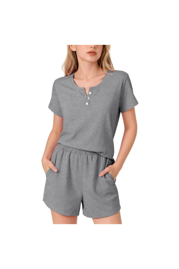 Girls 2 Piece Short Set Kids Summer Outfit Soft Solid Color Short Sleeve Button Down T-shirt Elastic Waist Shorts Sweatsuit Set(Dark Gray,9-10 Years)