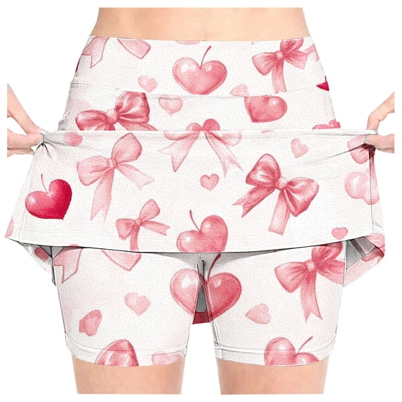 CPNG Girls Athletic Skirts with Shorts Adorable Heart Printed Sports Skorts Casual Daily Wear Outdoor Activities Culottes(Light Pink,5-6 Years)