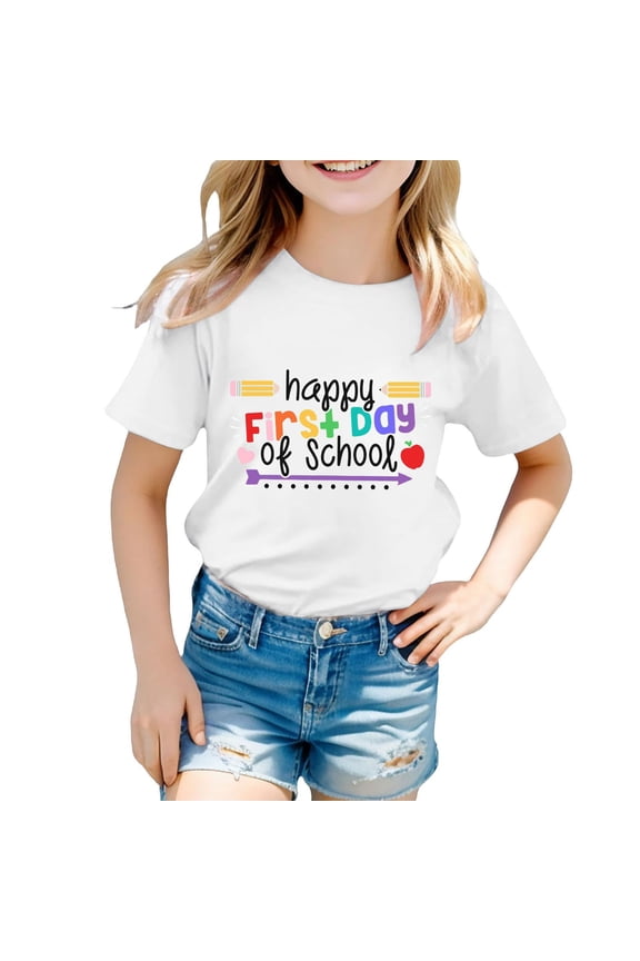 Girls Back to School T Shirt Crewneck Short Sleeve Cotton T Shirt Kids Summer Tee Tops with Pencil and Apple Print