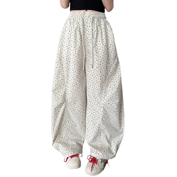 CPNG Girls Baggy Cargo Pants Sweet Floral Printed Elastic High Waist Wide Leg Cargo Pants Lightweight Breathable Streetwear Pants