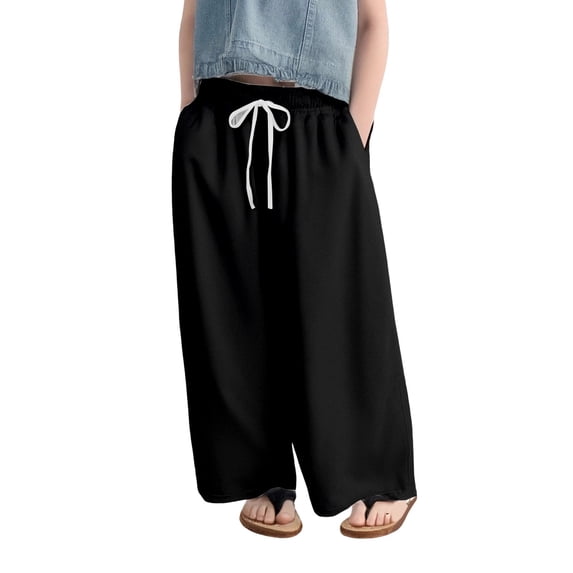 CPNG Girls Baggy Casual Sweatpants Solid Color Sweat Pants Elastic High Waist Comfortable Cool and Breathable Drawstring Joggers(Black,8-9 Years)