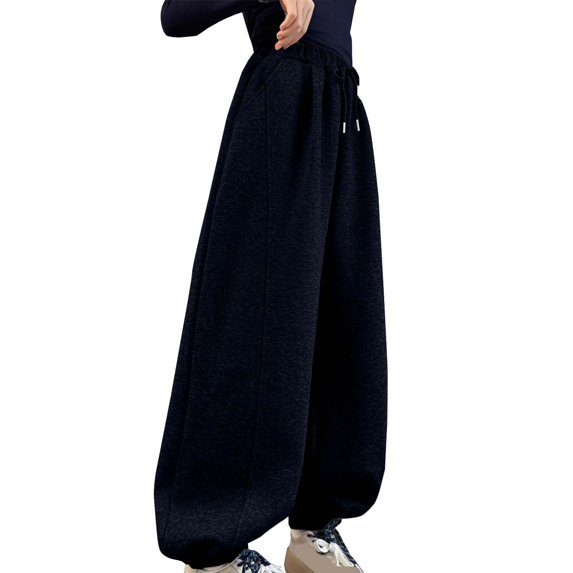 CPNG Girls Baggy Casual Sweatpants Straight Wide Leg Solid Color Drawstring Sweat Pants Teen Girls Elastic High Waist Trousers Streetwear(Black,15-16 Years)