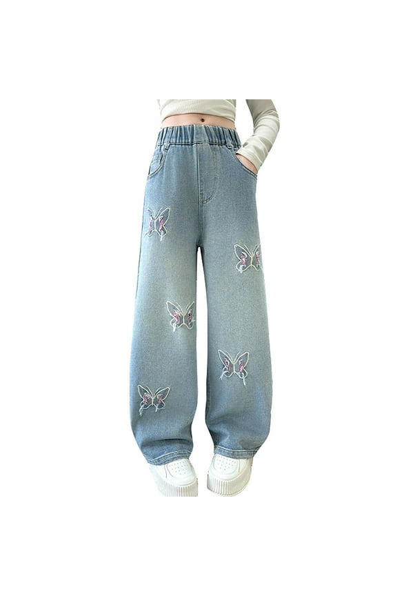 Girls Baggy Jeans Butterfly Embroidered Straight Wide Leg Elastic High Waist Denim Pants Stylish Casual Denim Trousers(Light Blue,5-6 Years)