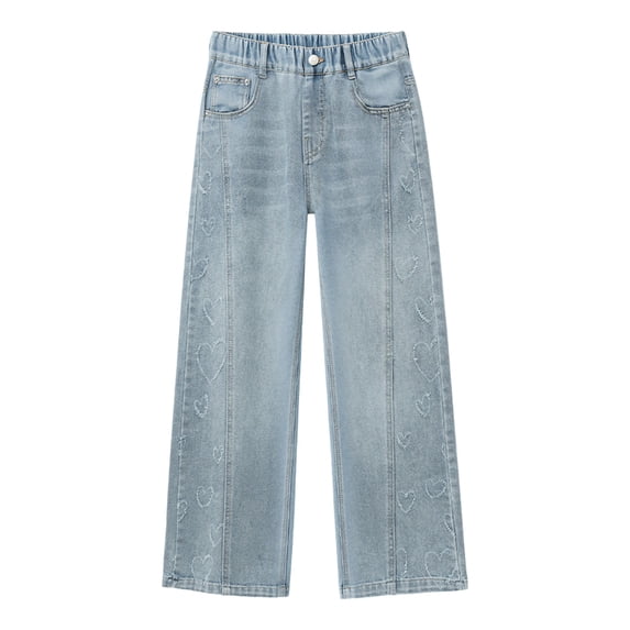 CPNG Girls Baggy Jeans Elastic Waist Wide Leg Denim Pants with Side Heart Embroidery Trendy Casual Loose Streetwear Denim Trousers