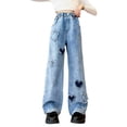 thumbnail image 1 of CPNG Girls Baggy Jeans Y2K Heart Patch Straight Wide Leg Loose Casual Denim Trousers Elastic High Waist Street Style Denim Pants(Blue,9-10 Years), 1 of 9