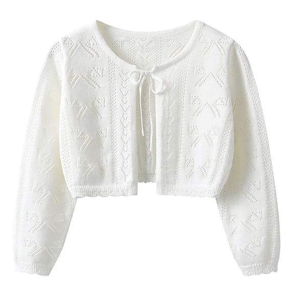 CPNG Girls Bolero Shrug Sweater Cardigan Tie Up Solid Color Ribbed Knit Outwear Coats Cute Bow Open Front Long Sleeve Dress Cover Up Ruffle Knit Closure Clothes