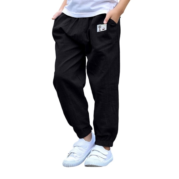 CPNG Girls Boys Summer Thin Loose Casual Pants Cotton Linen Solid Color Baggy Anti-Mosquito Elastic High Waist Sweatpants(Black,6-7 Years)