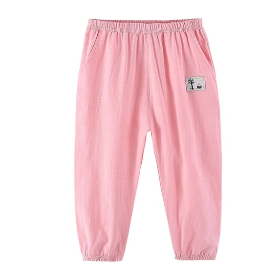 CPNG Girls Boys Summer Thin Loose Casual Pants Cotton Linen Solid Color Baggy Anti-Mosquito Elastic High Waist Sweatpants(Pink,18-24 Months)