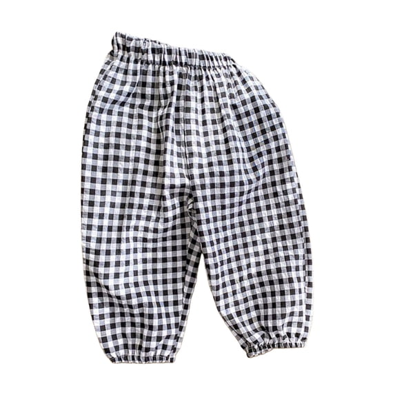 CPNG Girls Boys Summer Thin Retro Plaid Pants Loose Casual Pants Baggy Anti-Mosquito Elastic High Waist Sweatpants(Black,6-7 Years)