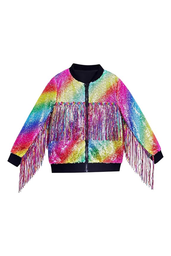 Girls Boys Tassel Sequin Loose Baseball Jacket Zipper Jacket Sparkle Bomber Clothes Children's Performance Sparkle Jacket(Light Blue,18-24 Months)