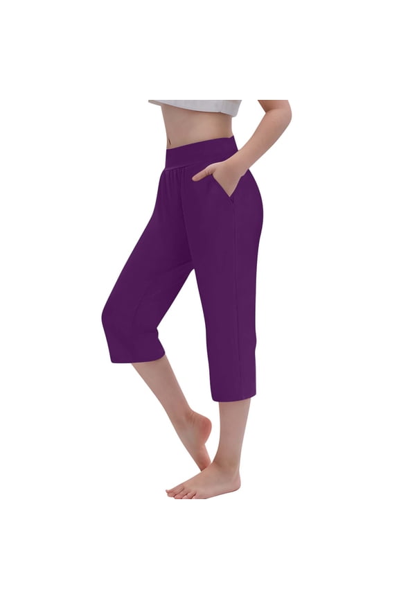 Girls Capri Leggings High Waisted Yoga Pants Kids Solid Color Leggings Dance Sports Tights Workout Leggings(Purple,13-14 Years)