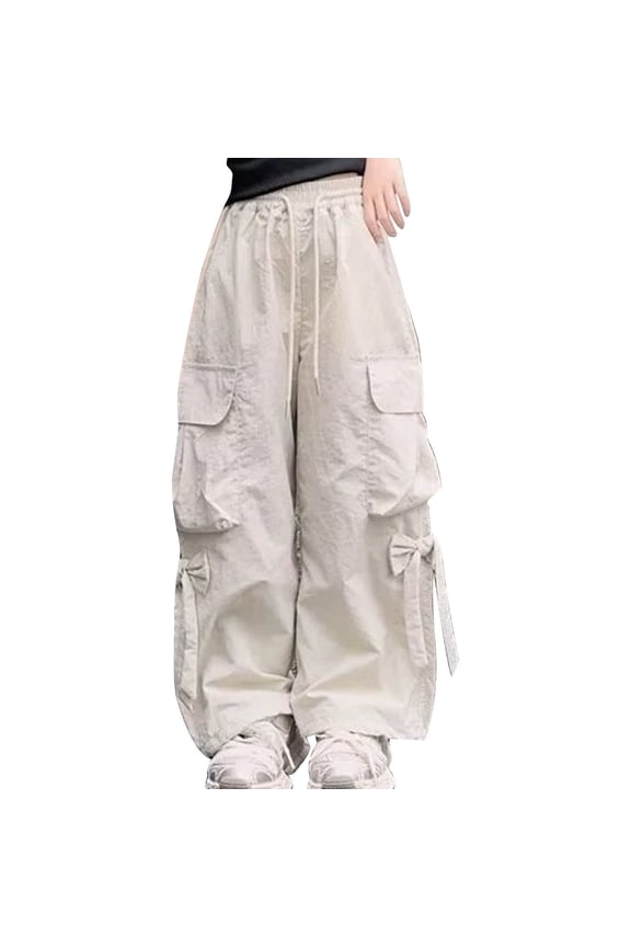 Girls Cargo Pants Elastic Waist Wide Leg Baggy Parachute Trousers with Multi-Pocket Street Style Casual Lightweight Hiking Jogger Pants