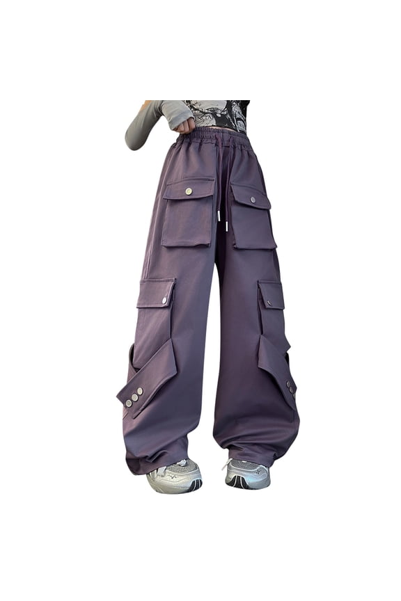 Girls Casual Baggy Cargo Pants Multi-Pocket Straight Wide Leg Drawstring Pants Loose Elastic Waist Fashion Cargo Trousers(Purple,4-5 Years)