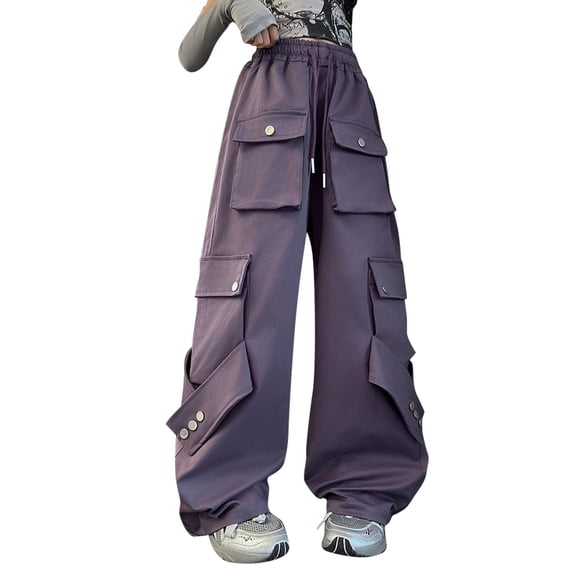 CPNG Girls Casual Baggy Cargo Pants Multi-Pocket Straight Wide Leg Drawstring Pants Loose Elastic Waist Fashion Cargo Trousers(Purple,6-7 Years)