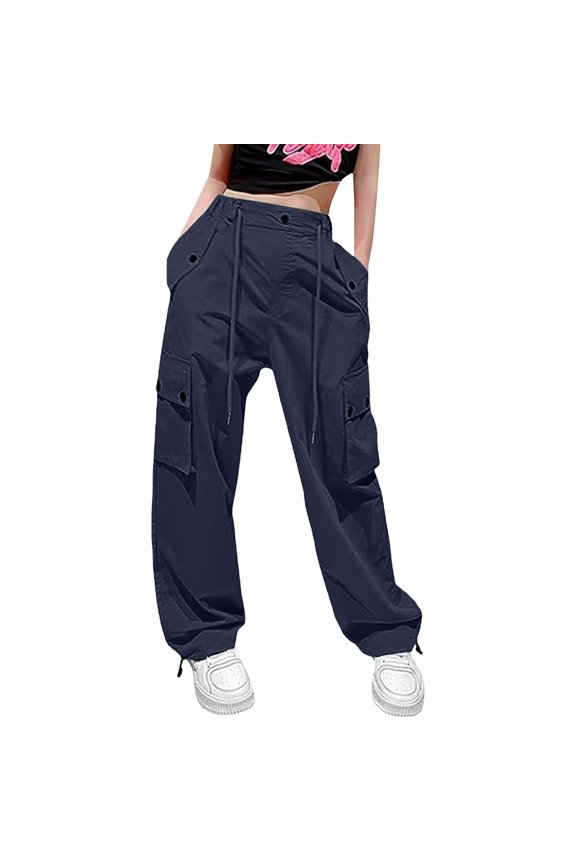 Girls Casual Baggy Cargo Pants Straight Wide Leg Cargo Pants Loose Elastic Waist Fashion Drawstring Cargo Trousers(Navy,7-8 Years)