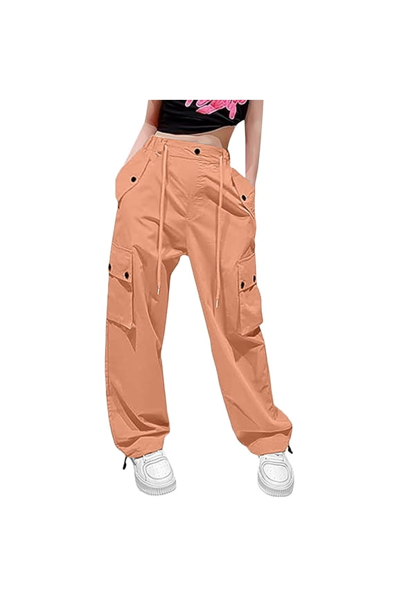 Girls Casual Baggy Cargo Pants Straight Wide Leg Cargo Pants Loose Elastic Waist Fashion Drawstring Cargo Trousers(Orange,13-14 Years)