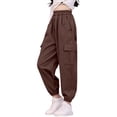 thumbnail image 1 of CPNG Girls Casual Baggy Cargo Pants Teen Girls Multi-Pocket Straight Wide Leg Athletic Pants Loose Elastic Waist Cargo Trousers(Coffee,5-6 Years), 1 of 8