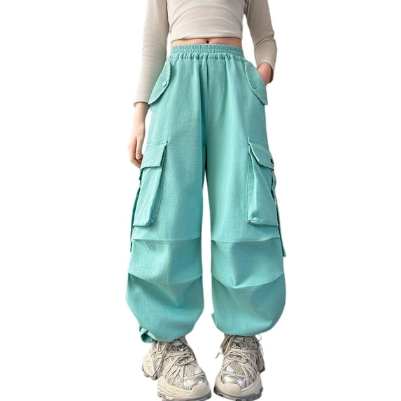 CPNG Girls Casual Cargo Jeans Teen Girls Wide Leg Straight Solid Color Pants Daily Elastic High Waisted Denim Trousers(Blue,4-5 Years)