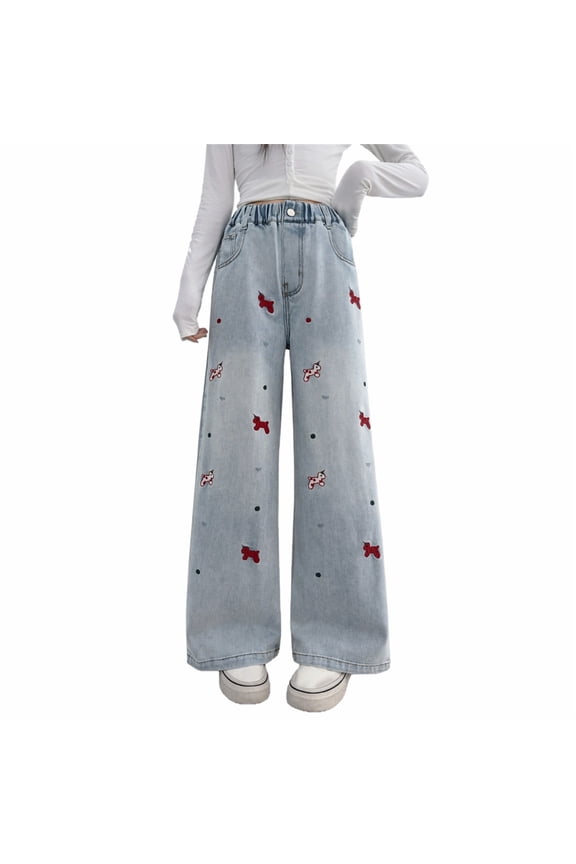 Girls Casual Jeans Elastic Waist Straight Wide Leg Denim Trousers Cute Pony Embroidered Fashionable Streetwear Denim Pants