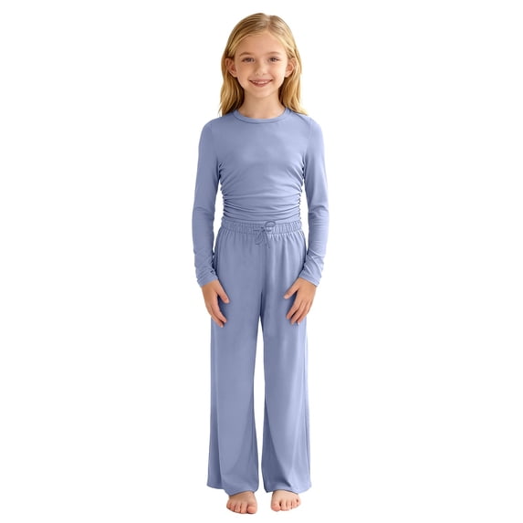 CPNG Girls Casual Outfit Set Solid Color Crewneck Long Sleeve Crop Tops and Matching Straight Leg Pants 2 Piece Set