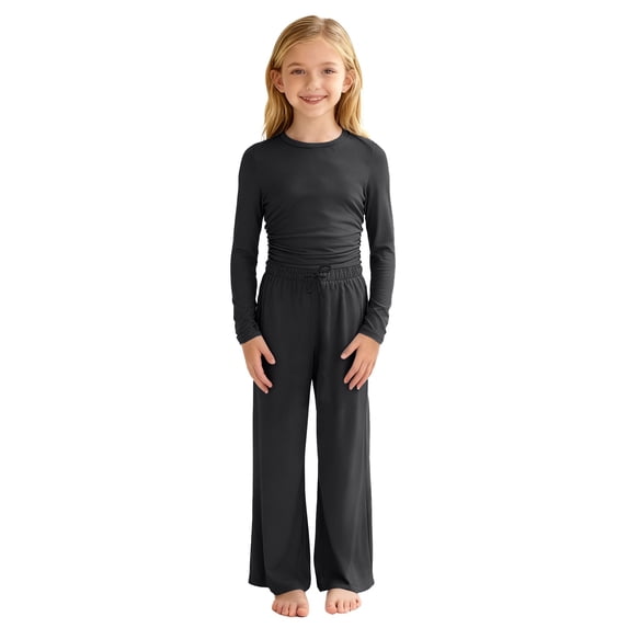 CPNG Girls Casual Outfit Set Solid Color Crewneck Long Sleeve Crop Tops and Matching Straight Leg Pants 2 Piece Set