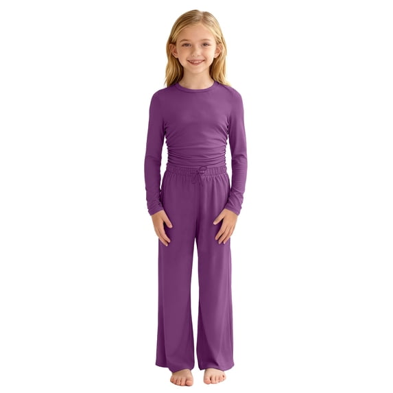 CPNG Girls Casual Outfit Set Solid Color Crewneck Long Sleeve Crop Tops and Matching Straight Leg Pants 2 Piece Set