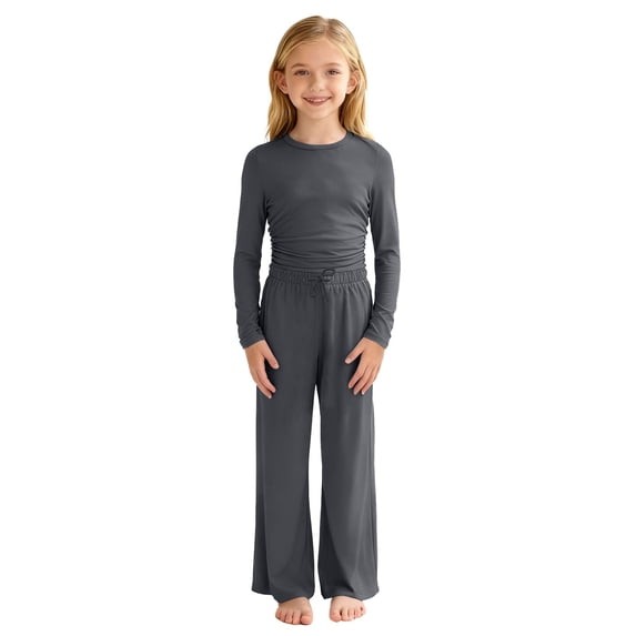 CPNG Girls Casual Outfit Set Solid Color Crewneck Long Sleeve Crop Tops and Matching Straight Leg Pants 2 Piece Set