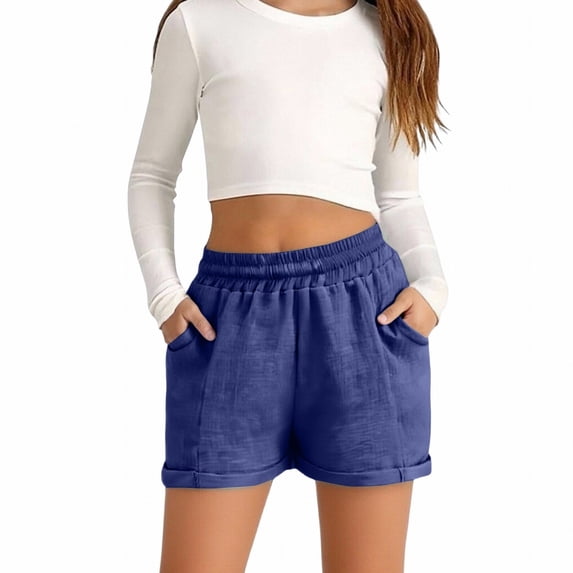 CPNG Girls Casual Shorts Elastic High Waist Shorts Solid Color Summer Comfy Loose Shorts with Pockets(Blue,10-11 Years)