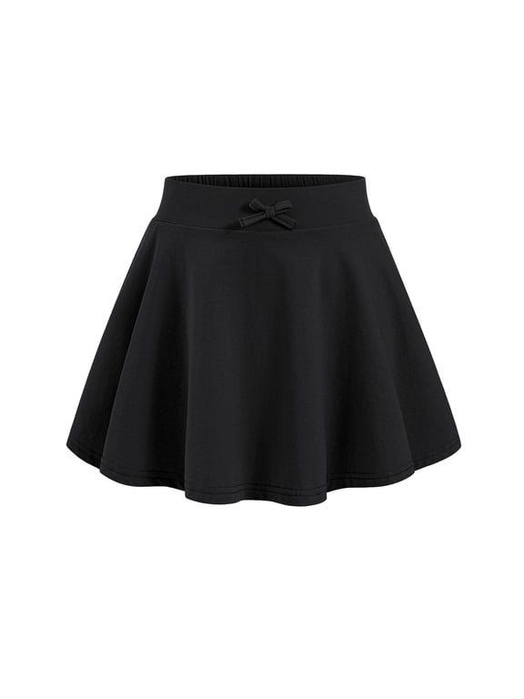 Girls Casual Summer Skirts with Bow Solid Color Athletic Skirt Kids Comfortable Stretchy A Line Pleated Tennis Golf Skater Skirts(Black,9-10 Years)