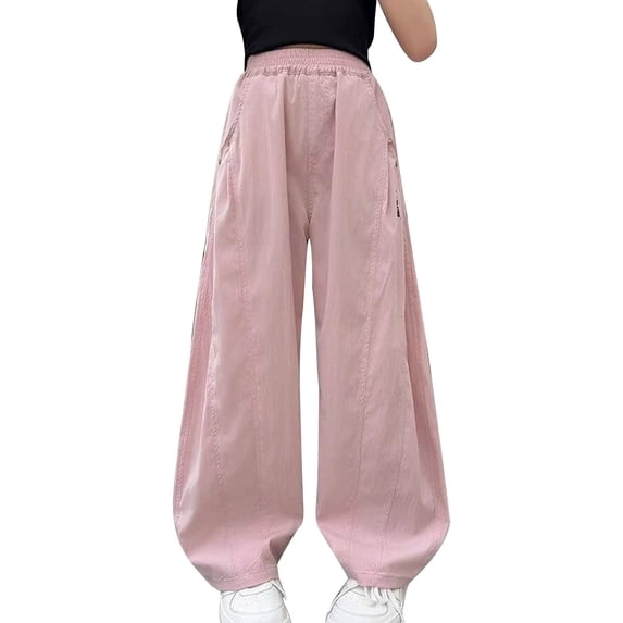 CPNG Girls Casual Sweatpants Solid Color Wide Leg Elastic Waist Baggy Sweatpants Loose Lightweight Street Style Pants