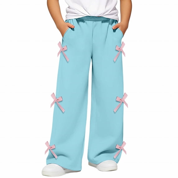 CPNG Girls Casual Sweatpants Teen Girls Straight Wide Leg Loose Pants Side Bow Decoration Elastic High Waist Trousers(Blue,6-7 Years)