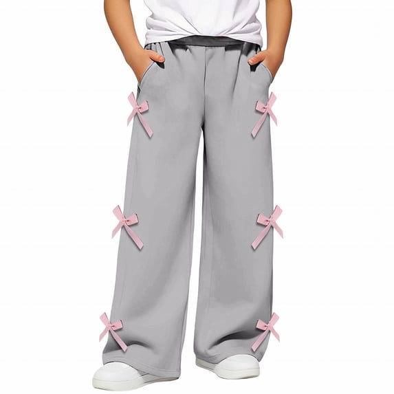 CPNG Girls Casual Sweatpants Teen Girls Straight Wide Leg Loose Pants Side Bow Decoration Elastic High Waist Trousers(Grey,4-5 Years)