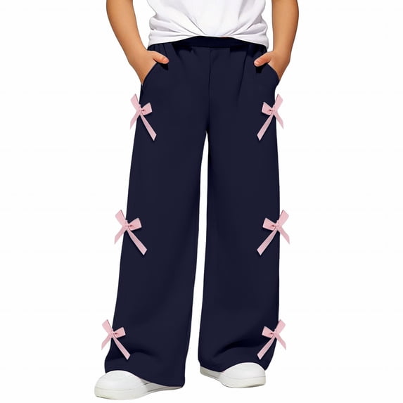 CPNG Girls Casual Sweatpants Teen Girls Straight Wide Leg Loose Pants Side Bow Decoration Elastic High Waist Trousers(Navy,4-5 Years)