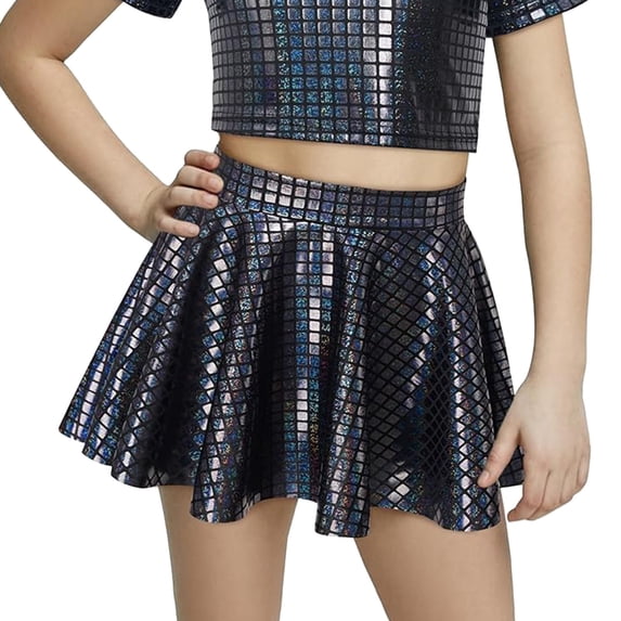 CPNG Girls Checkered Square Sequin Cheerleading Puffy Skirt Metallic Skater Skirt Sparkly Shiny Flared Pleated A-Line Mini Skirt(Black,9-10 Years)