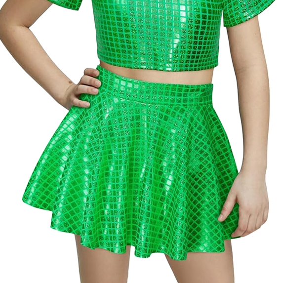 CPNG Girls Checkered Square Sequin Cheerleading Puffy Skirt Metallic Skater Skirt Sparkly Shiny Flared Pleated A-Line Mini Skirt(Green,8-9 Years)