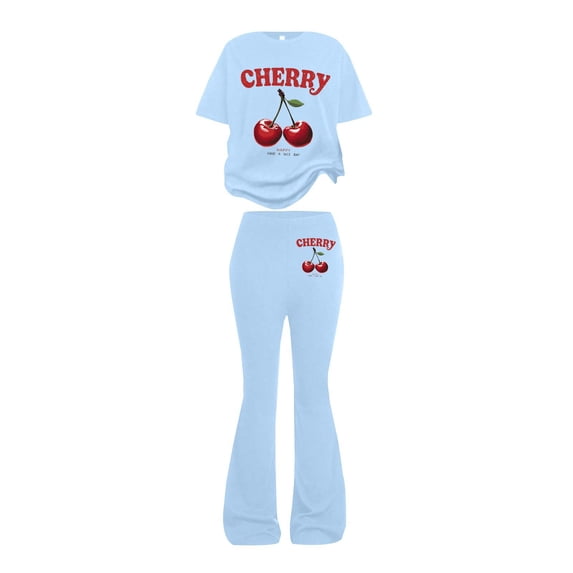 CPNG Girls Cherry Print Outfits Round Neck Short Sleeved T Shirts and Matching Flare Pants 2 Pieces Casual Cute Sweatsuits Set
