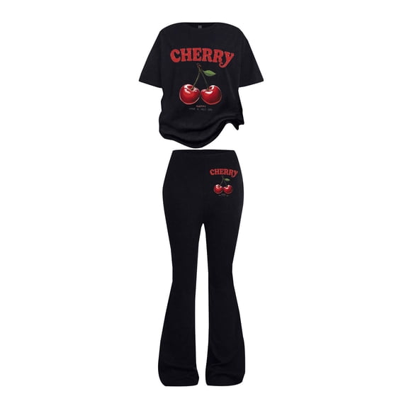 CPNG Girls Cherry Print Outfits Round Neck Short Sleeved T Shirts and Matching Flare Pants 2 Pieces Casual Cute Sweatsuits Set