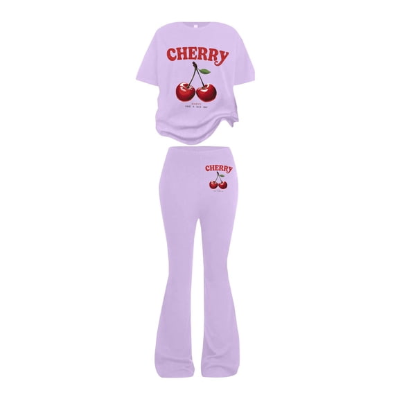 CPNG Girls Cherry Print Outfits Round Neck Short Sleeved T Shirts and Matching Flare Pants 2 Pieces Casual Cute Sweatsuits Set