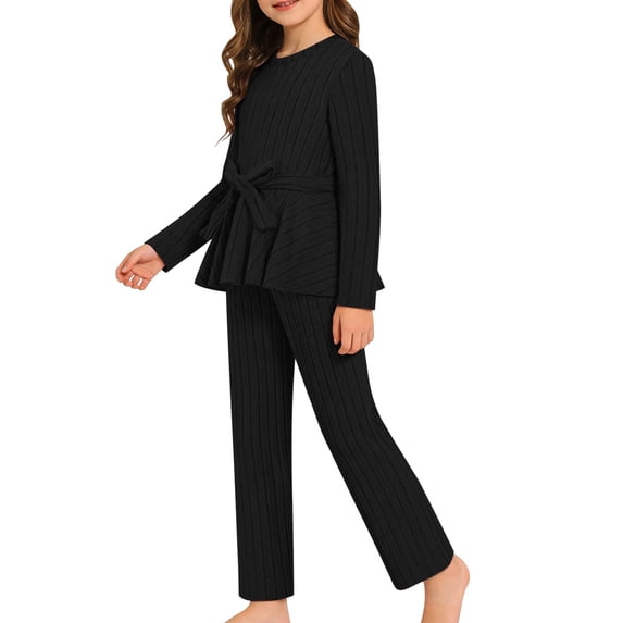 CPNG Girls Clothes Rib-Knit Outfit Ruffle Sleeve Shirt with Belt 3Pcs Straight Wide Leg Pant Set Teen Girls Fashionable Casual Dress Set(Black,11-12 Years)