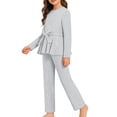 thumbnail image 1 of CPNG Girls Clothes Rib-Knit Outfit Ruffle Sleeve Shirt with Belt 3Pcs Straight Wide Leg Pant Set Teen Girls Fashionable Casual Dress Set(Grey,8-9 Years), 1 of 5