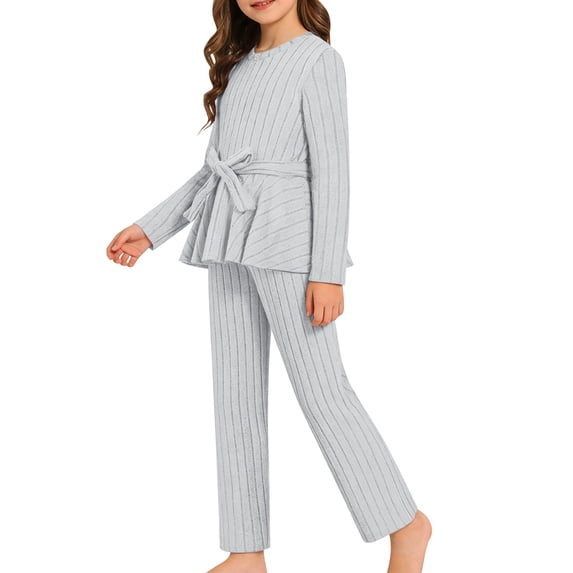 CPNG Girls Clothes Rib-Knit Outfit Ruffle Sleeve Shirt with Belt 3Pcs Straight Wide Leg Pant Set Teen Girls Fashionable Casual Dress Set(Grey,8-9 Years)