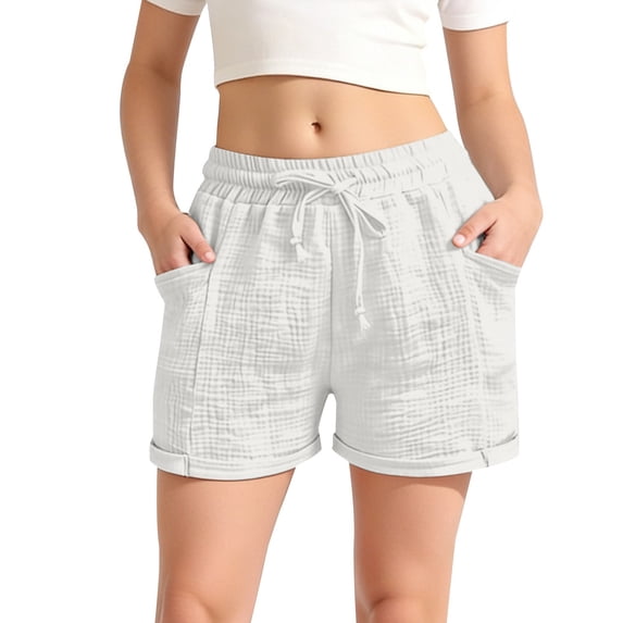 CPNG Girls Cotton Linen Casual Shorts Elastic High Waist Shorts Solid Color Summer Comfy Loose Drawstring Shorts with Pockets(White,9-10 Years)
