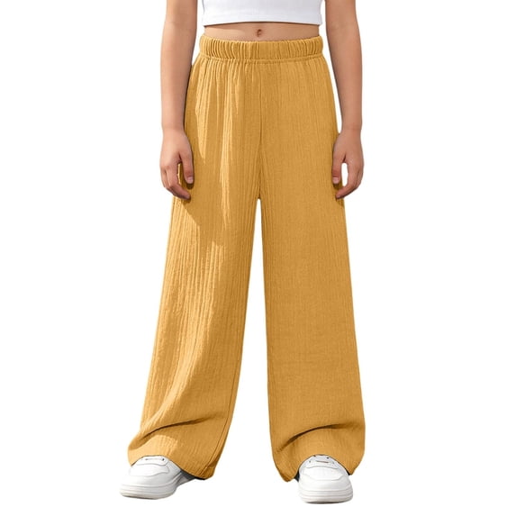 CPNG Girls Cotton Linen Pants Solid Color Elastic High Waist Wide Leg Pants Lightweight Comfortable Breathable Casual Pants